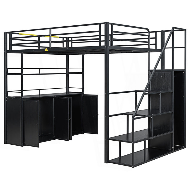 Lit mezzanine double en métal avec escalier de rangement et garde-robe, Noir