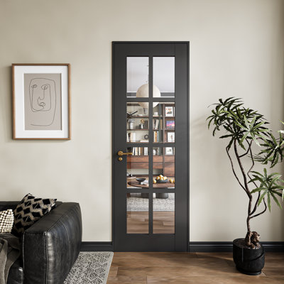 24" x 80" Black PVC Film Finish Clear Tempered Glass Solid Core MDF Slab Interior Door