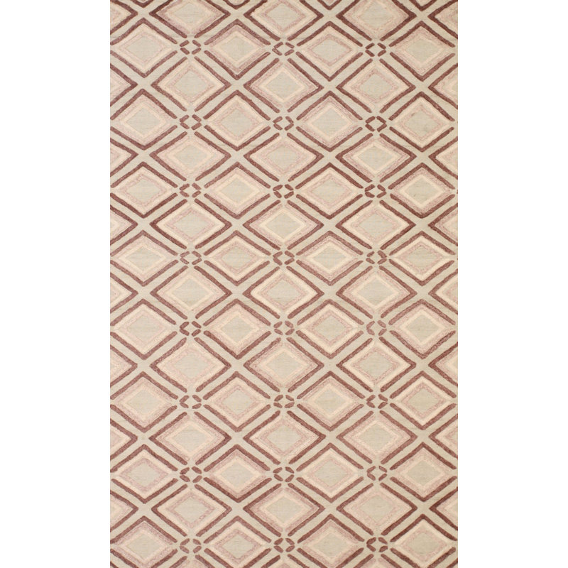Tapis contemporain moderne géométrique en laine noué à la main 5 x 8, Ivoire / brun clair / rose
