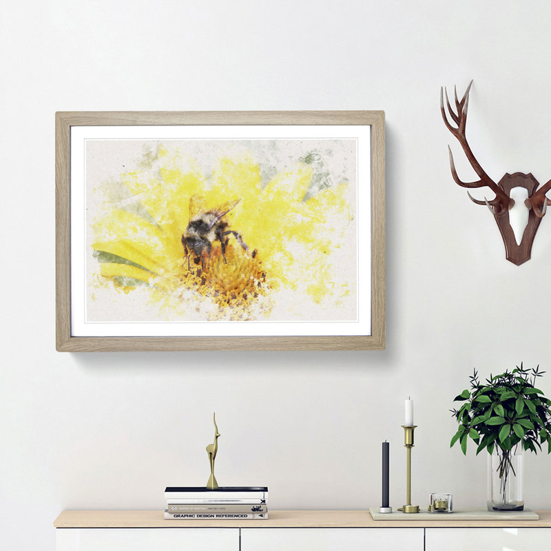 Bee Collecting Pollen Watercolour - Framed Print, 40cm H x 60cm W x 2cm D, Oak Framed