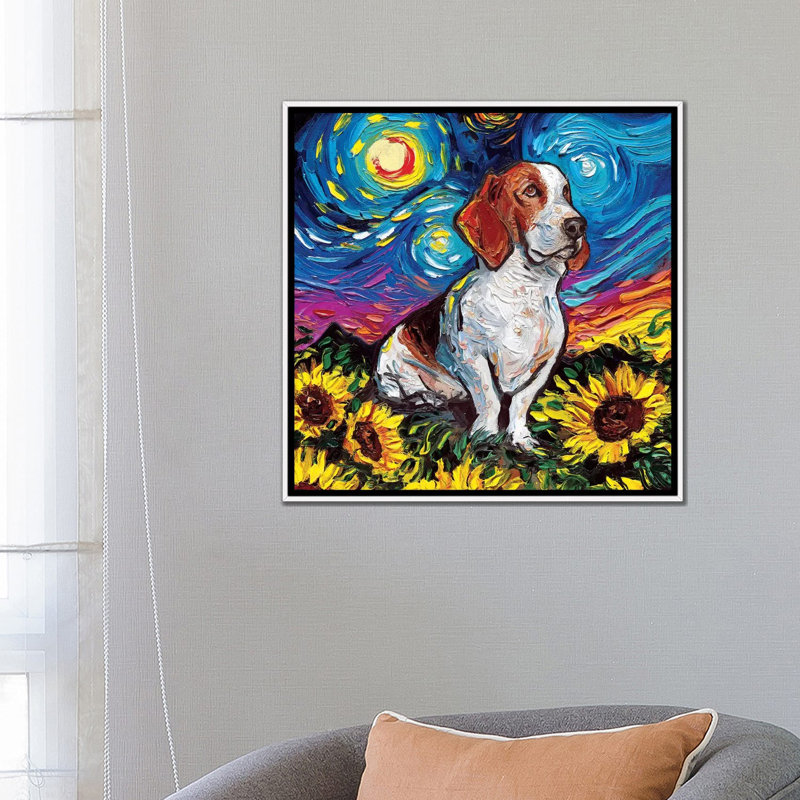 Reproduction d’art « Basset Hound Night II » par aja Trèves, Toile blanche encadrée, Pas de tapis