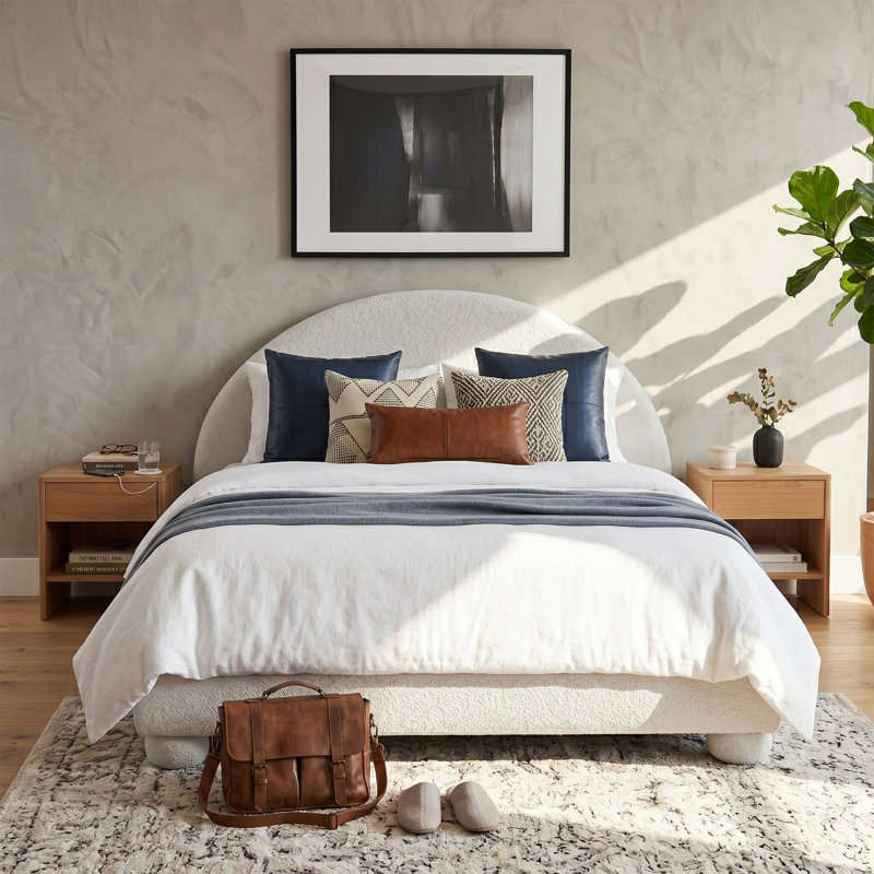Base de lit tapissier moderne avec tête de lit courbée arquée Modern, Blanc pleine grandeur
