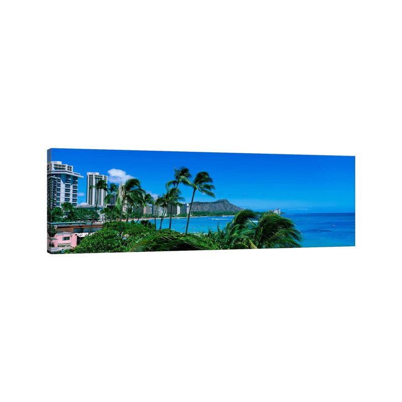 Palm Trees On The Beach, Waikiki Beach, Honolulu, Oahu, Hawaii, USA - Wrapped Canvas Panoramic Print