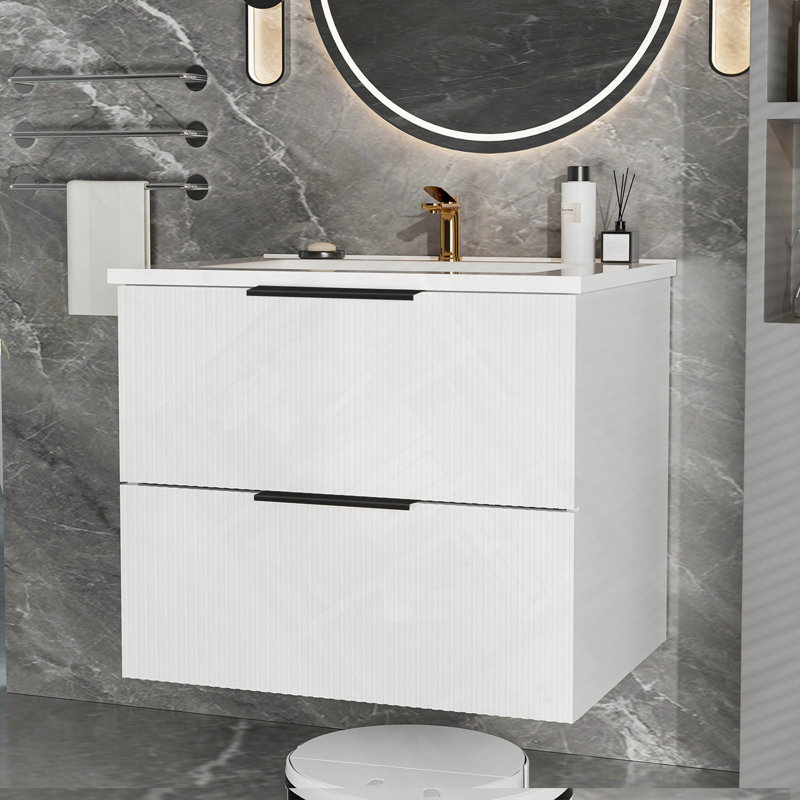 Meuble-lavabo mural flottant avec lavabo et tiroirs en céramique, Blanc mat