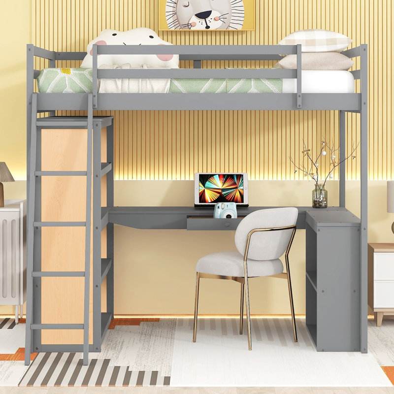  Lit mezzanine double avec échelle, tablettes et bureau, structure en bois massif, mobilier de chambre d'étude peu encombrant, gris