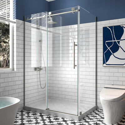 Cabine de douche coulissante sans cadre de l 48 po x P 34 po x H 72 po avec verre de sécurité trempé transparent de 5/16 po certifié