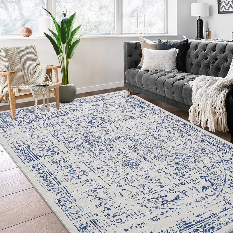 4x6 Area Rug Vintage Distressed Floral Machine Washable Carpet Non-Slip Low Pile Indoor Rug Non Shedding Area Rug for Entryway Kitchen Living Room Office Bedroom, Blue