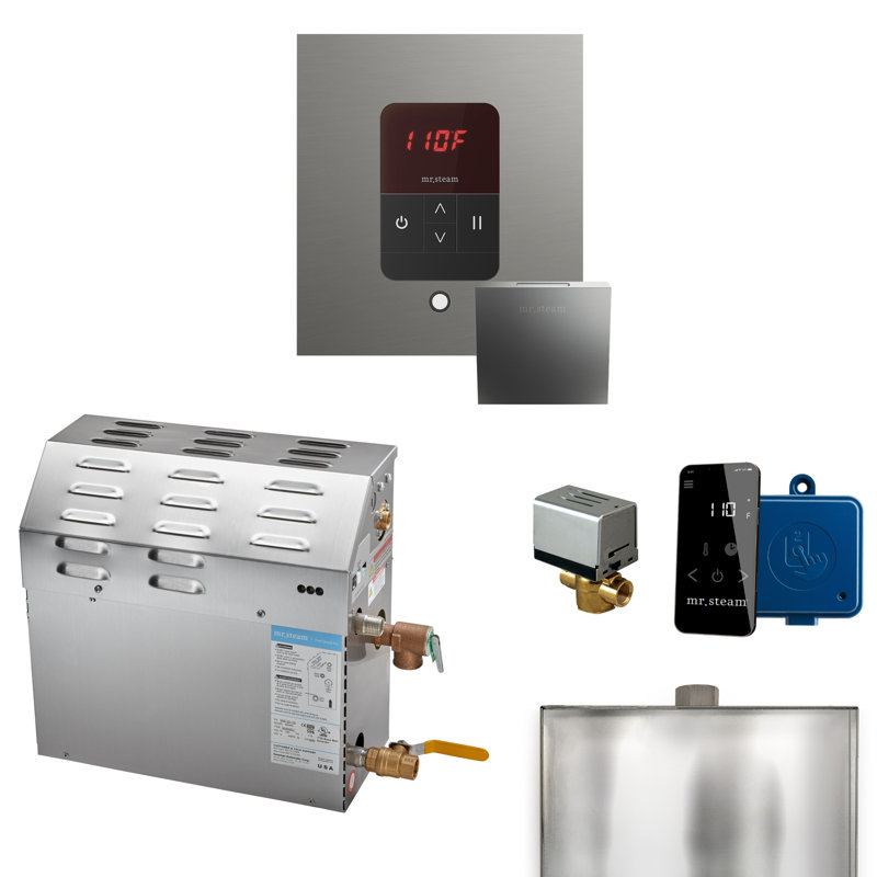 MS 7.5 kW (7500 W) Steam Shower Generator Package with square iTempo Control and Accessories, Satin Steel