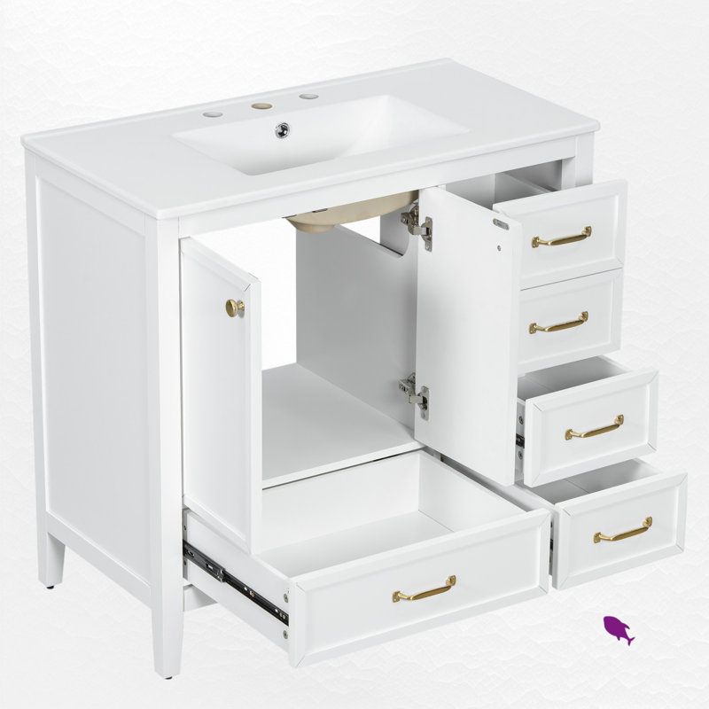 36'' Freestanding Single Bathroom Vanity With Ceramic Top, White
