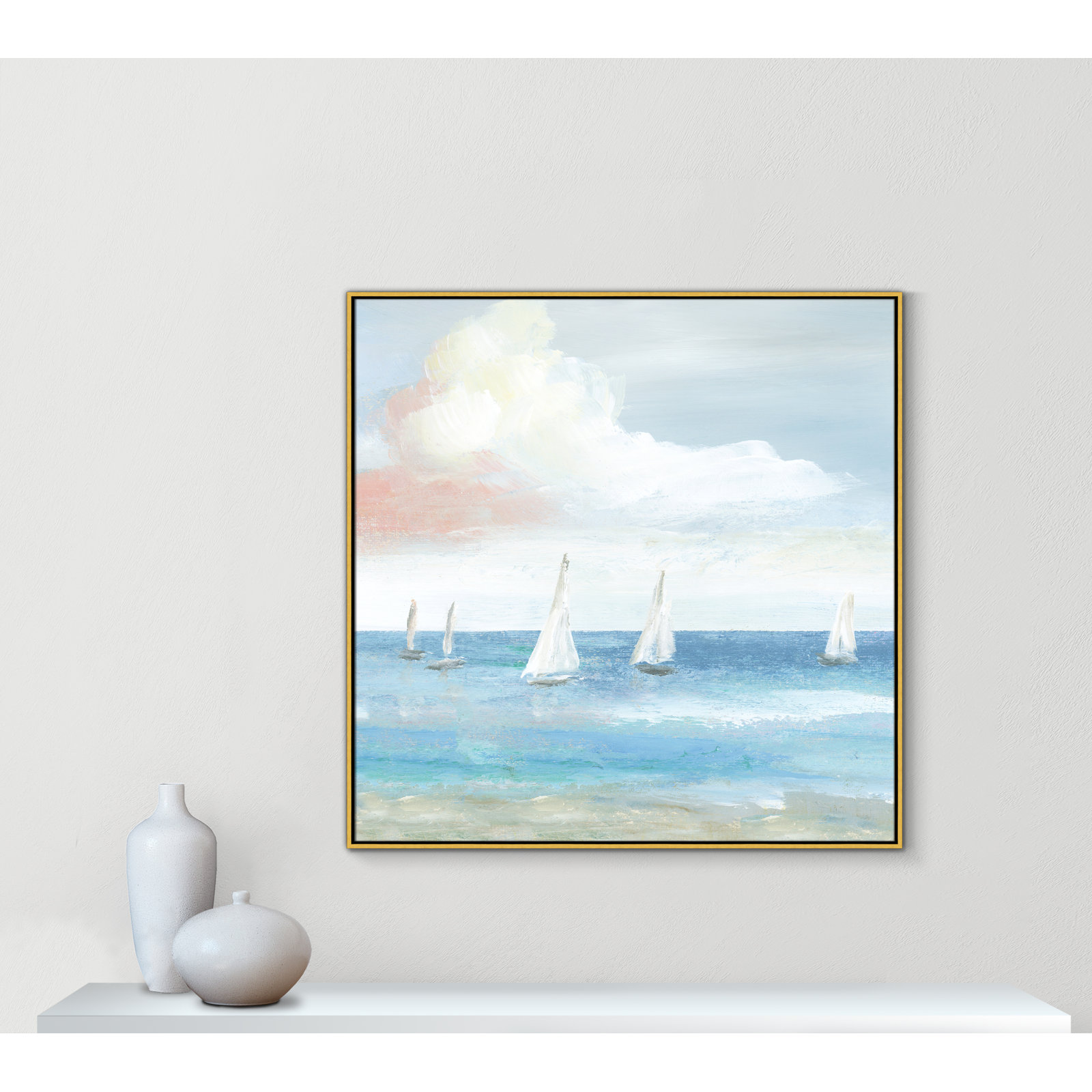 Beach Sail Bliss by Nan - Floater Frame Print on Canvas, 46.5" H x 46.5" W x 2" D, Gold