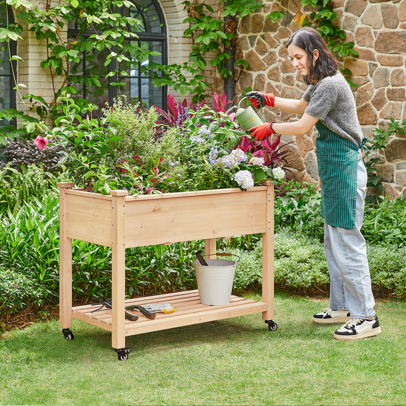 Alhanouf Fir Wood Elevated Planter with Fabric Liner & Wheels, 33'' H x 41.5'' W x 22.5'' D
