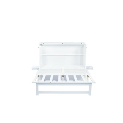Lit escamotable avec port USB et tablettes amovibles de chaque côté, lit escamotable en pin massif pour bureau personnel, chambre d'amis, blanc