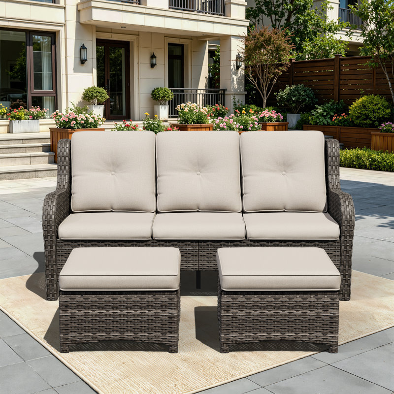 73'' Wide Wicker Patio Sofa with Cushions, Biege