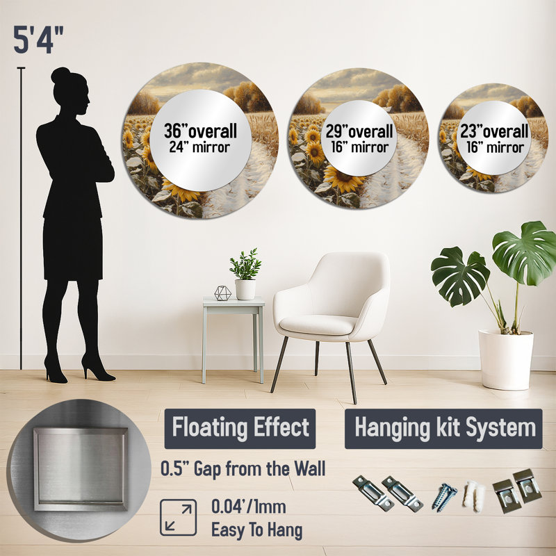 Tournesols le long du chemin enneigé I - Art mural miroir floral - imprimé sur métal, 23 po x 23 po