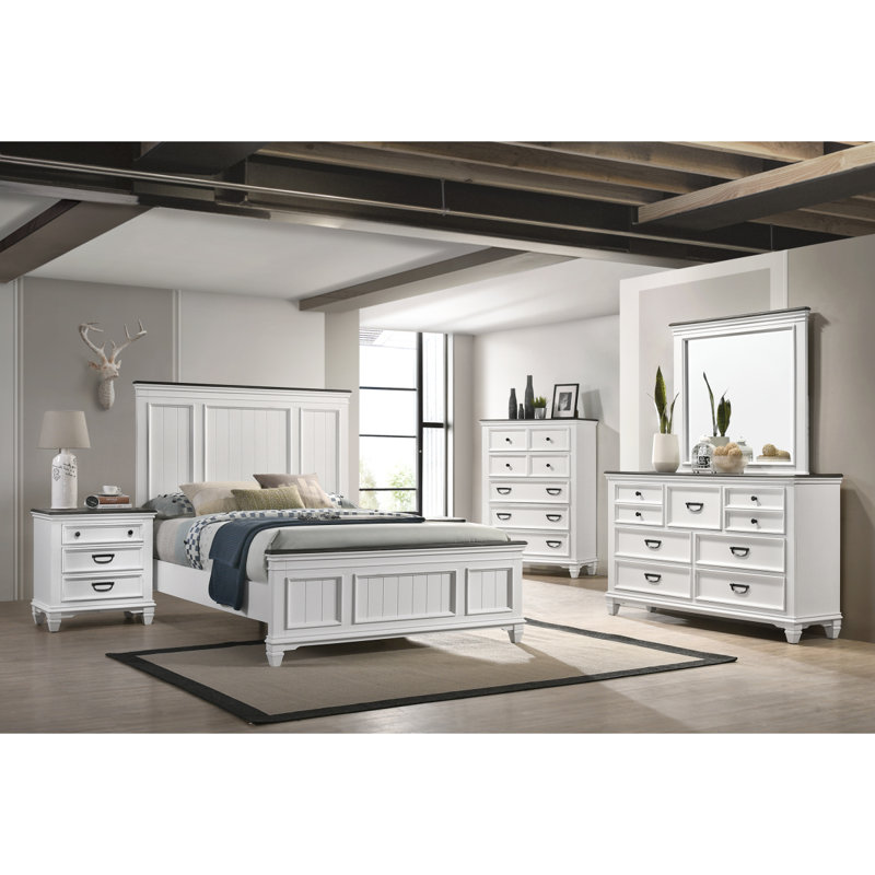 Ensemble de chambre à coucher en bois 5 pièces avec lit à panneau, commode, miroir, commode et commode Clelane, Grand lit