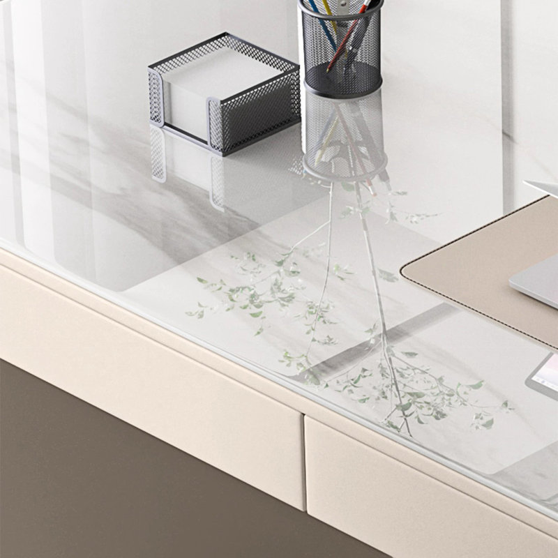 Creamy Modern Luxe Rock-Slab Office Desk, 29.5" H x 70.9" W x 27.6" D