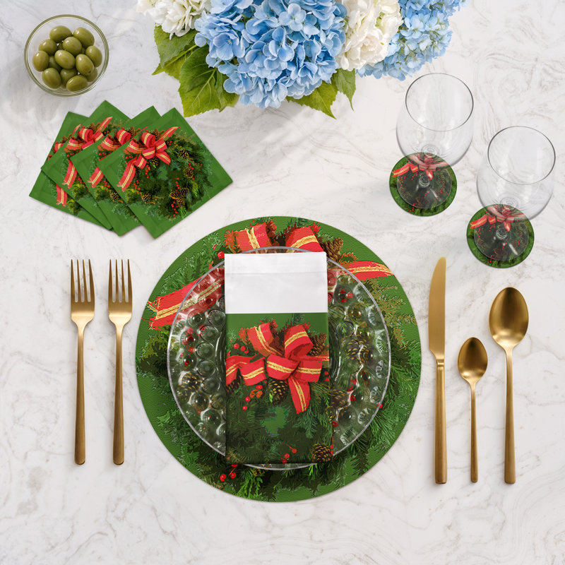 Christmas Wreath Cotton Sateen Cocktail Napkins, Green
