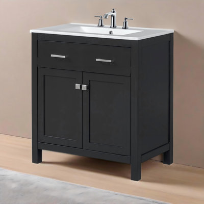 30" Bathroom Vanity With Ceramic Sink, Single Bathroom Cabinet With 2 Doors And A Shelf, Soft Close Doors