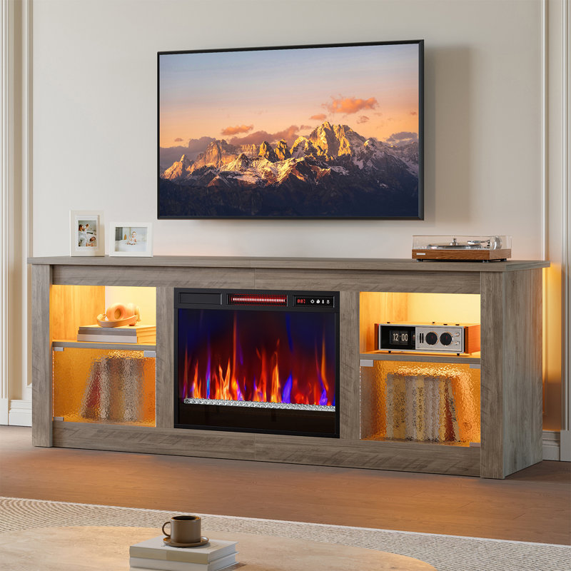 63" Fireplace TV Stand with Remote Control 23" Electric Fireplace Heater, LED Lighting, Timer, Over Heat Protection, Gray