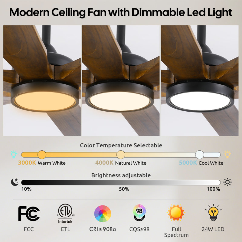 6-blade Modern Solid Wood Ceiling Fan With Light And Remote, High Cfm Large Airflow Ceiling Fan, Quiet Reversible Dc Motor, Indoor Outdoor Fan For Porch Gazebo Living Room Kitchen Garage
