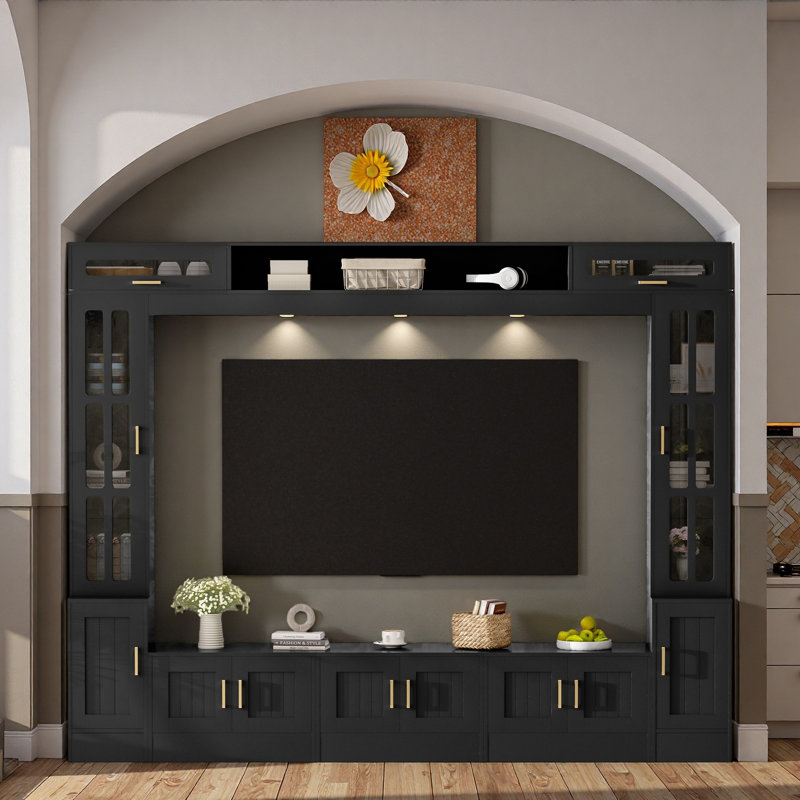 Meuble télé mural avec armoires, portes en verre trempé et tablettes réglables, Noir