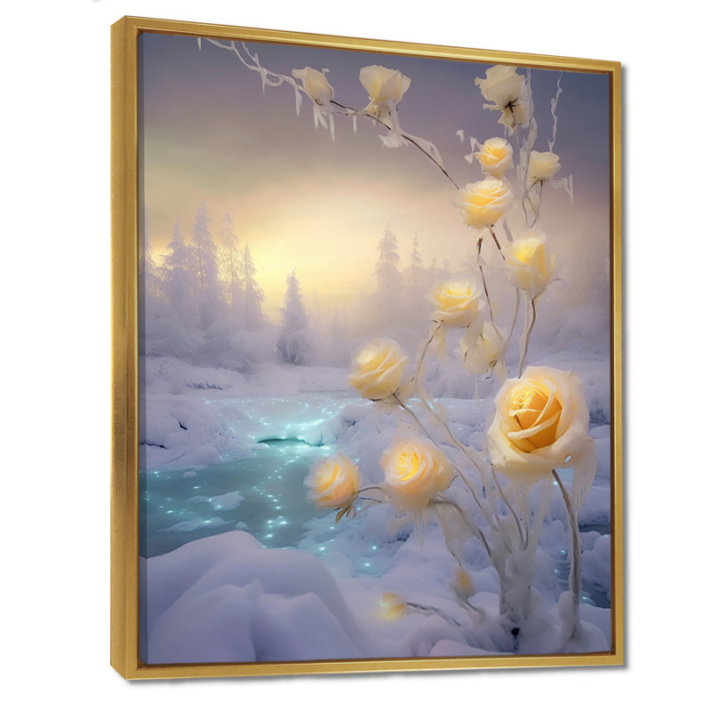 Jaune jaune, coucher de soleil et champ d'hiver brillant - roses, art mural, Toile avec cadre flottant or