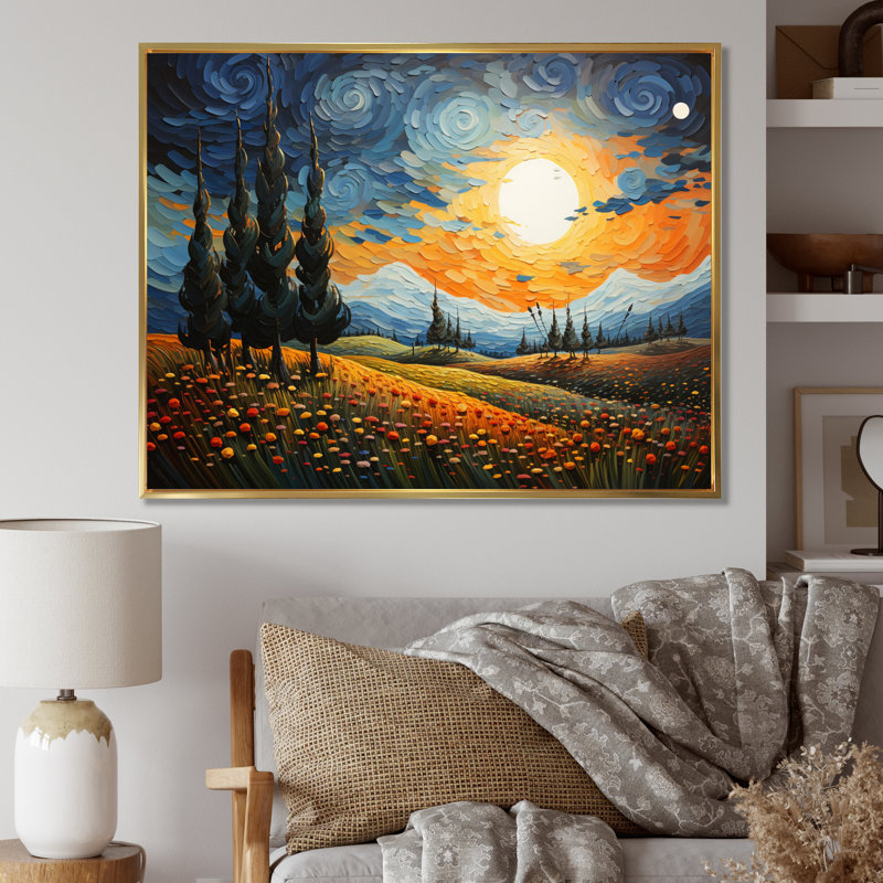 «Vangogh the Swaying Cypress IV» par Vincent Van Gogh - peinture sur toile, H 24 po x l 32 po x P 1 po, Cadre flottant doré