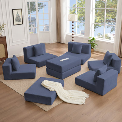 10-In-1 Convertible Sofa Sectional ,Corner Couch , Convertible Floor Sleeper Sofa,Corduroy,Side Pocket,No Assembly,DIY,L Shaped Modular Sofa,6 Pillows,Blue