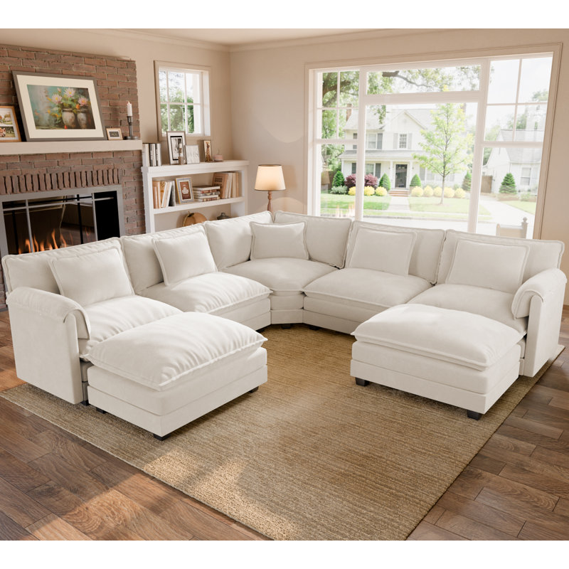 Canapé modulaire en coin rembourré en L de 114 po avec repose-pieds Amabilia, Chenille beige, H 36,2 po x l 114 po x P 114 po