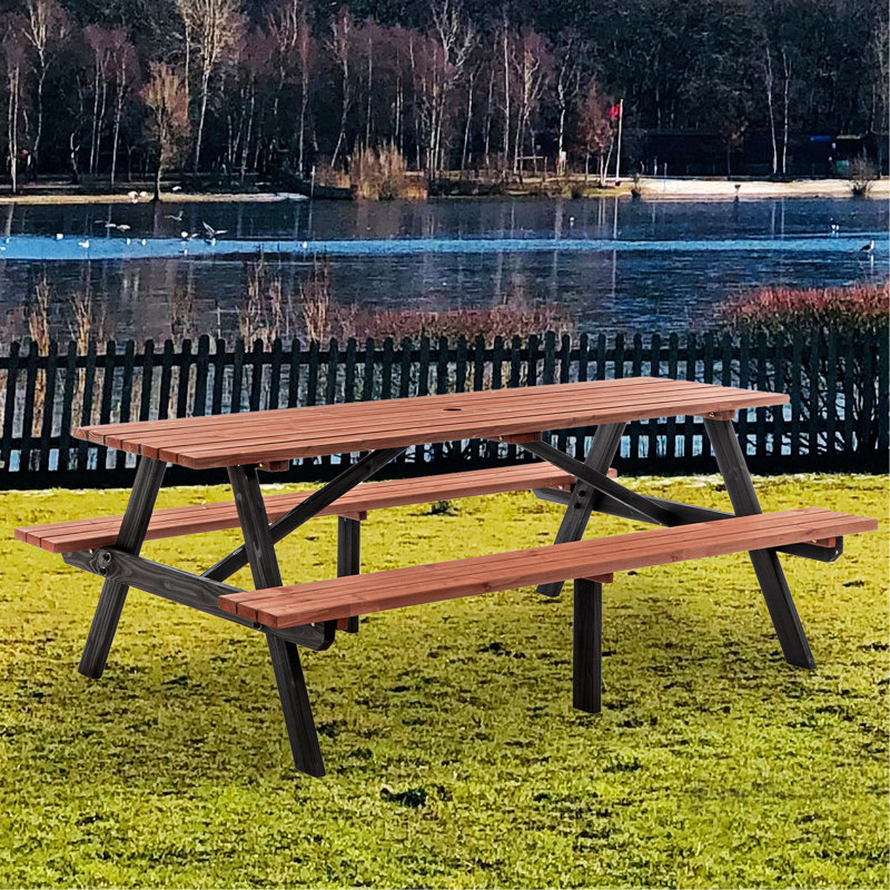 Solid Wood Picnic Table Set, Outdoor Patio Dining With Umbrella Hole For Backyard, Lawn