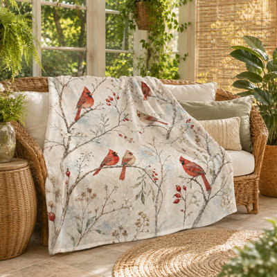Watercolor Cardinal Branch Blanket, Six Red Birds with White Berries, Rose Hips and Bare Twigs on Beige, Flannel Accent for Sofa, Bedroom and Study, 30 x 40 in