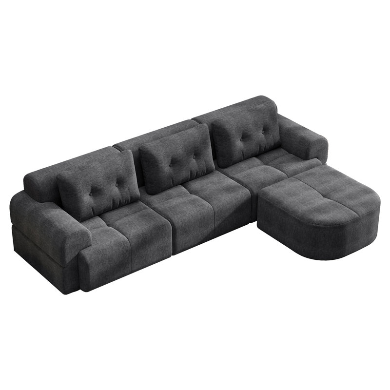 112''W Chenille Sectional Sofa L Shaped Compressed Sectional Sofa Couch with Chaise for Living Room, Dark Gray