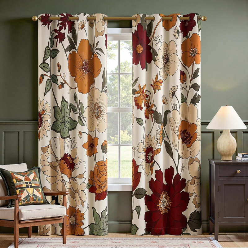 Paire de rideaux occultant à motif floral avec œillets Boho, Beige, 52" W X 84" L