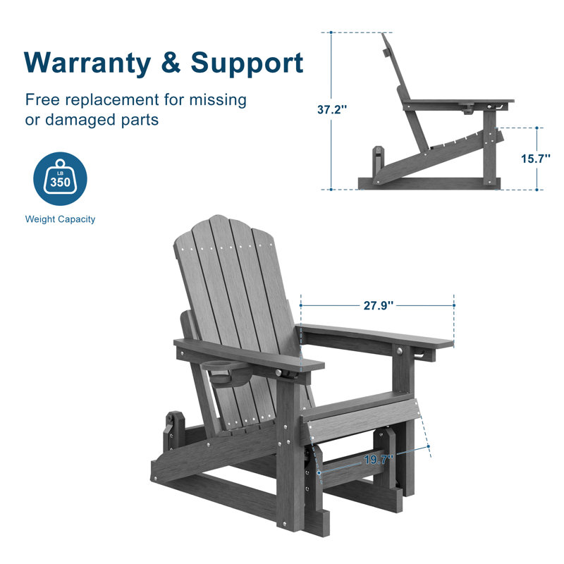 HDPE Glider Adirondack Chair 3-Position Adjustable, All-Weather Glider Rocking Outdoor Chair for Garden, Lawn & Porch, Gray