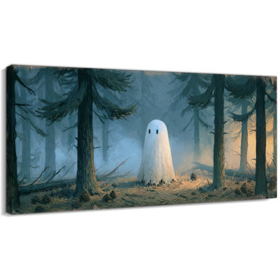 Impression sur toile grand fantôme, art mural rétro d'Halloween, décor de fantôme mignon pour la maison, décor d'Halloween pour le salon, la chambre à coucher, le vestibule, la toile tendue avec cadre en pin, 47 po x 24 po