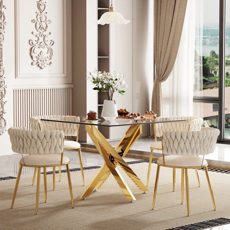 Ensemble de table de salle à manger transparent avec chaises rembourrées Weavon, ensemble de table de salle à manger carré moderne