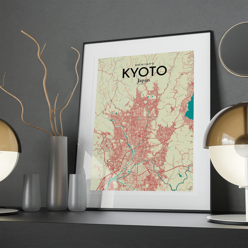 Kyoto City Map in Tricolour 1 Piece Wall Art, 27.6cm H x 19.7cm W x 0.05cm D