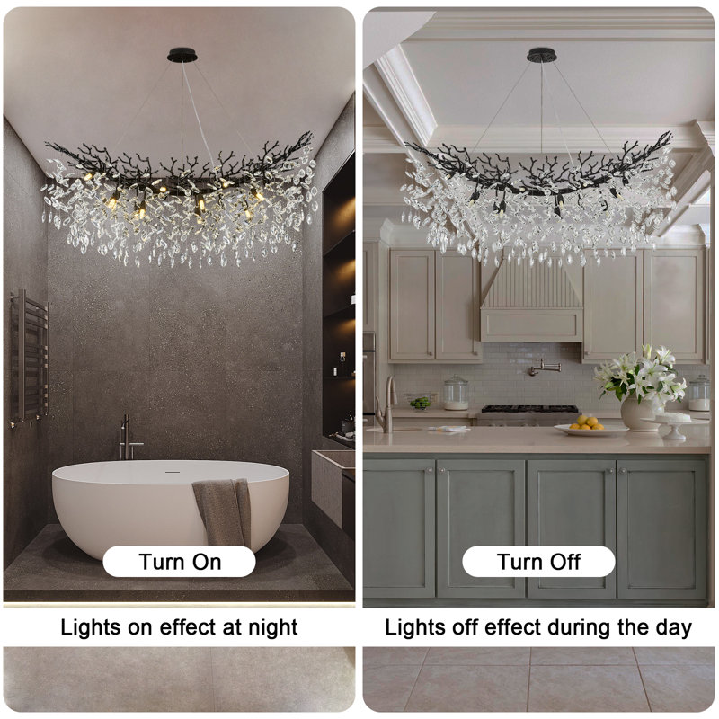 Lustre en cristal de branche d'arbre 63 "L, Noir / blanc, 14, H 15,7 po x l 47,2 po x P 15,7 po