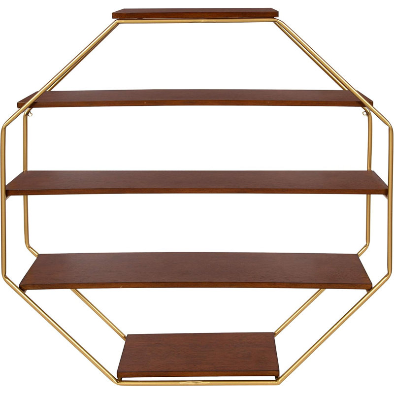 Floating Wood Wall Shelves With Gold Metal Frame, Octagon Design For Decorative Storage And Display