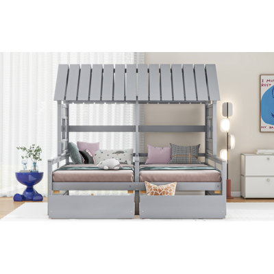 Twin Size House Platform Beds with Two Drawers for Boy and Girl Shared Beds, Combination of 2 Side by Side Twin Size Beds