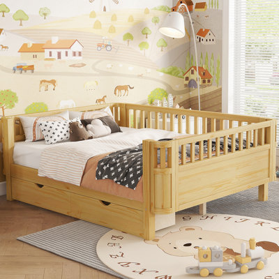 Lit plateforme double en bois pour enfants, lit double en bois à profil bas avec rails pour filles et garçons, naturel
