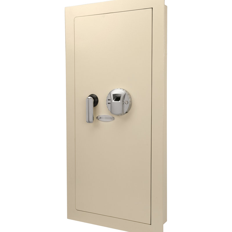 Coffre-fort mural biométrique beige de 0,82 pi³, structure en acier robuste avec tablette amovible et compartiment verrouillable. Sécurité renforcée grâce à sa serrure.