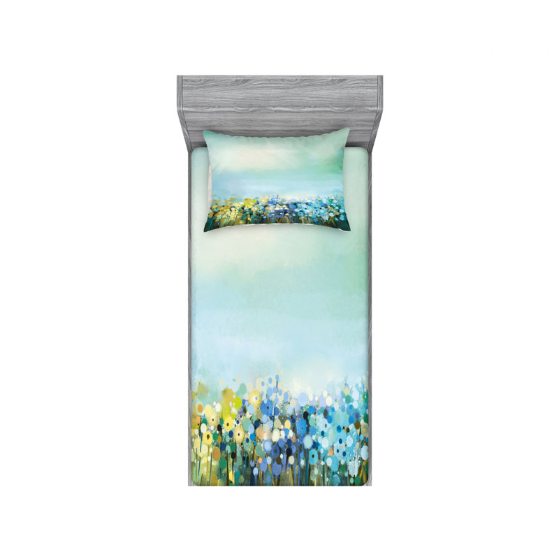 Ensemble de draps «Représentation d'une peinture sur le terrain avec fleurs», Taie d'oreiller pour lit simple, Fleurs