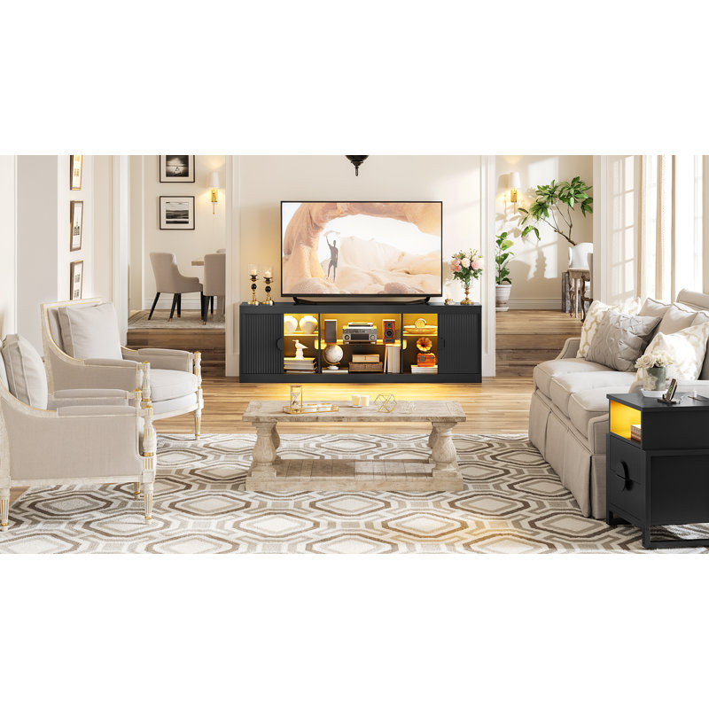 70" Fluted TV Stand for TVs Up To 80" with LED Lights Glass Shelves and Open Storage,Black