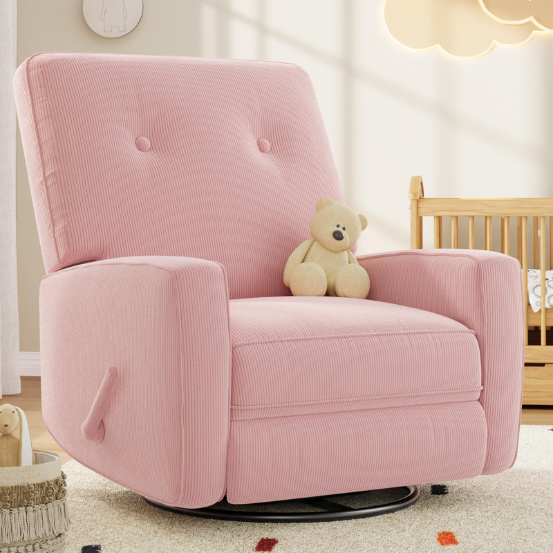 360° Swivel Corduroy Recliner Chair for Adults – Rocking Glider Armchair with Adjustable Backrest & Footrest – Cozy Nursery, Living Room, Bedroom Side Chair – Pink Corduroy