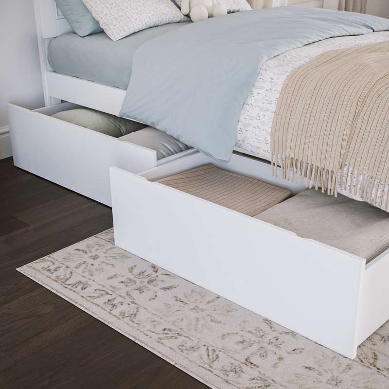 Lit plateforme en bois massif Jeinny avec pied de lit et tiroirs de rangement assortis, Blanc, Simple