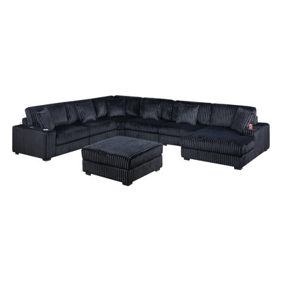 Contemporary Modern 7-Pc Modular U-Sectional Sofa Set Usb Cup Holder Black Finish Corduroy Living Room Furniture Couch