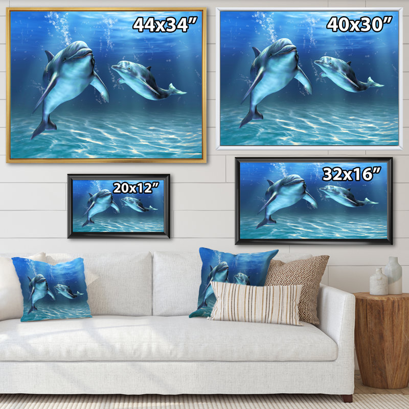 Deux dauphins bleus - Impression sur toile, Cadre flottant en érable, H 34 po x l 44 po