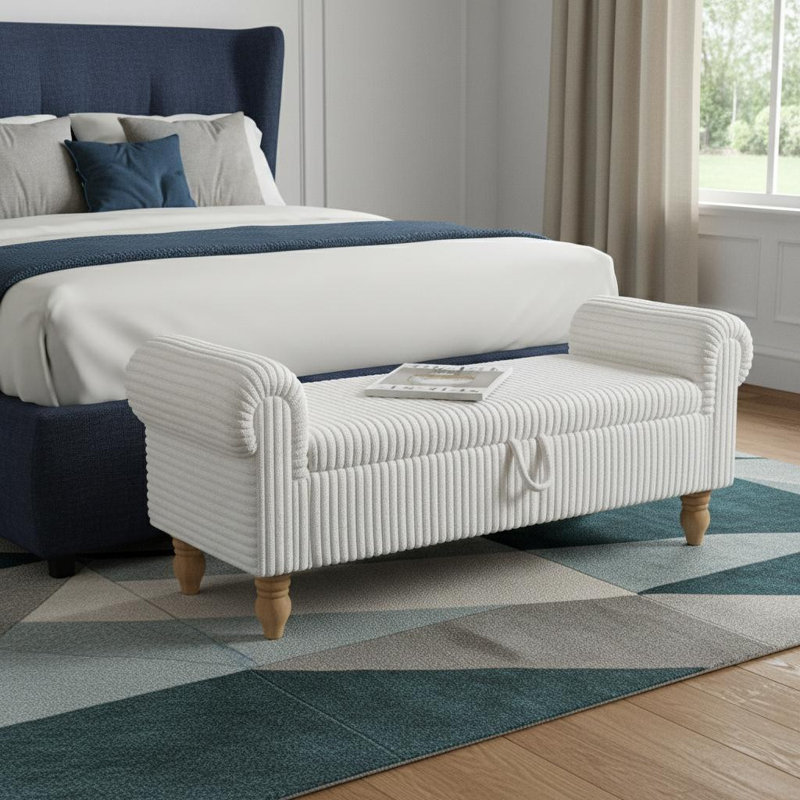 Banc de rangement rembourré en velours côtelé et bois massif 55 po blanc et brun