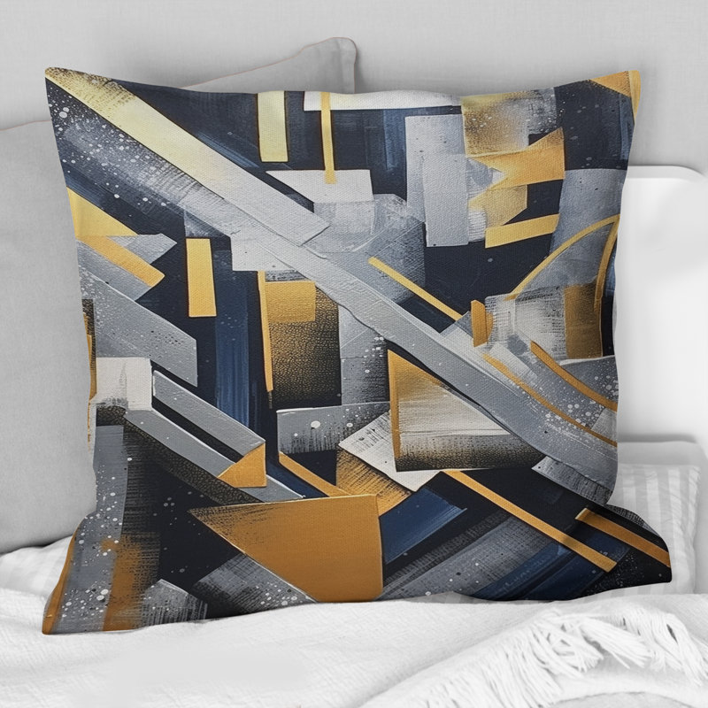 Coussin décoratif imprimé de formes abstraites dorées et grises III